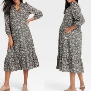 The Nines by Hatch Gray‎ Floral Maxi Maternity Dress Large Ruffle Collar